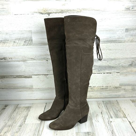 Aldo Womens 7 Gray Suede Leather Over The Knee Lace Back Zip Heeled Boots - Picture 1 of 12